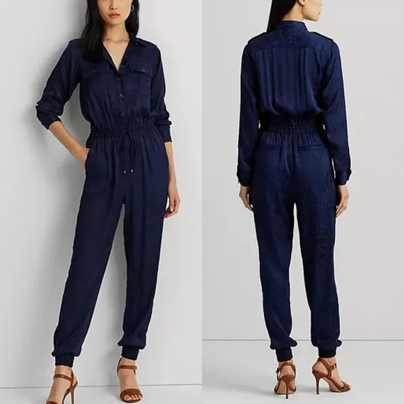 LRL Paisley Jacquard Button Down Long Sleeve Jumpsuit in Navy - Picture 2 of 12